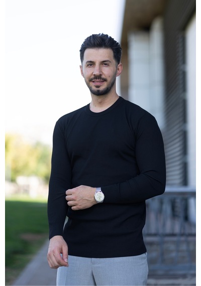 Hk Premium Erkek Fitilli Slim Fit Bisiklet Yaka Triko Kazak Siyah