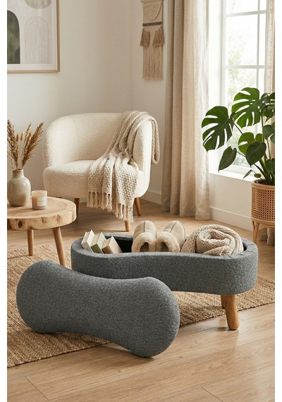 Scala Sandıklı Bohem Ahşap Ayaklı Puf/bench, Gri