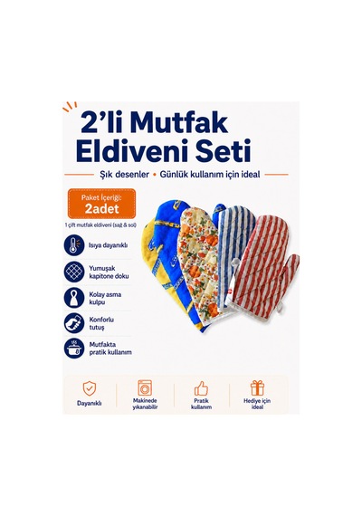 2 Li Isıya Dayanıklı Desenli Mutfak Eldiveni Çok Renkli