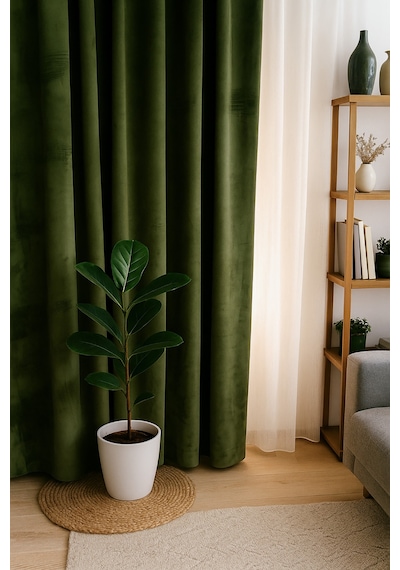 Süet Elit Kadife Dokulu Natural Fon Perde Salon Oturma Odası Yatak Odası Antre Yeşil