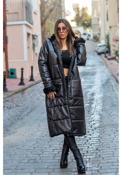 Veraura Lifestyle Siyah Kapüşonu Kürklü Kolları Kürklü Büyük Beden Uzun Şişme Kaban