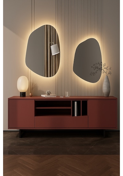 30x41 Cm Asimetrik Led Aydınlatmalı Ayna Touch Sensörlü, Dimmer Özellikli Günışığı 3000k Modern Duvar Dekoru Sarı