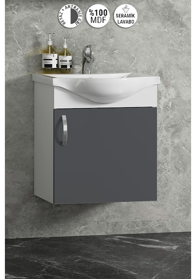 Yıldız 45 Cm Beyaz-antrasit Gri Mat Mdf Seramik Lavabolu Asma Banyo Alt Dolabı