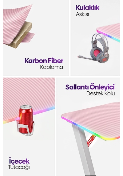 Thunder Rgb Aydınlatmalı Oyuncu Masası Pembe