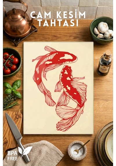 Koi Balık Desenli Cam Kesim Tahtası - 25x35cm -dayanıklı Ve Pratik Kesim Matı Kırmızı