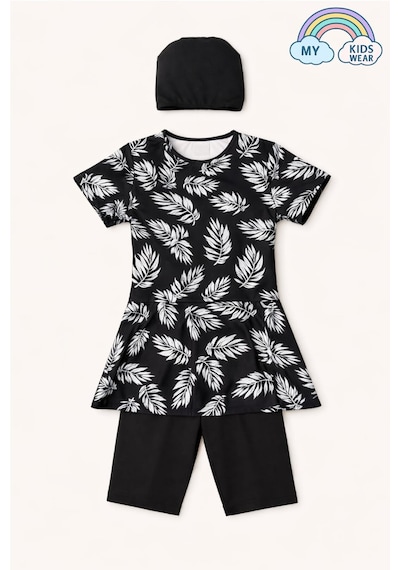 My Kids Wear Kız Çocuk Desenli Şortlu Bone Li Mayo Takımı 12573 Siyah
