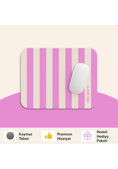 Tabloe Çizgili Desenli Premium Mouse Pad - 23x19 Cm - Kaydırmaz Tabanlı Kaliteli Fare Altlığı Mousepad Açık Pembe
