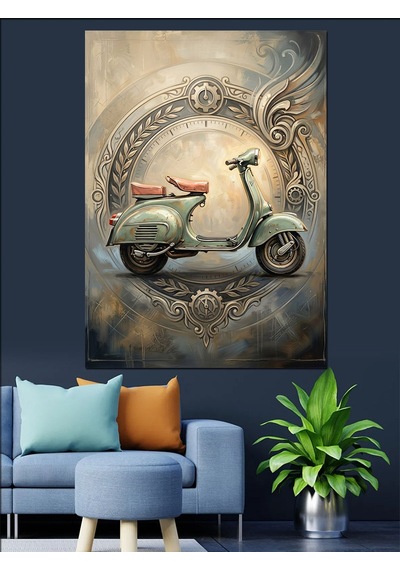 Eski Çerçevede Nostaljik Yeşil Vespa Dekoratif Kanvas - Mdf Ahşap Tablo