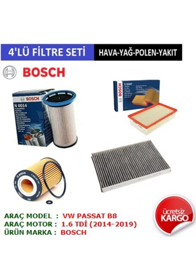 Vw Passat 1.6 Tdi Filtre Bakım Seti 2014-2020 4'lü Set Hava + Yağ + Polen + Mazot