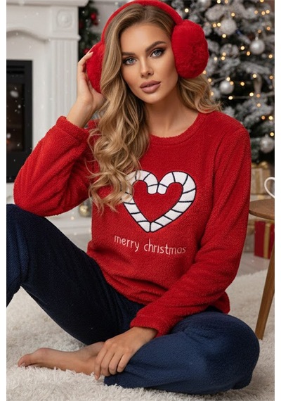 Siyah İnci Wellsoft Kışlık Örme Pijama Takım 25221047 Kırmızı