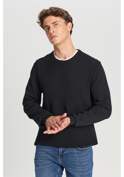 AC&Co / Altınyıldız Classics  Erkek Sıyah Pamuklu Standart Fit Normal Kesim Bisiklet Yaka Jakarlı Triko Kazak Siyah