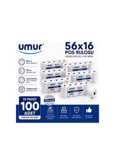 56x16 Pos Rulosu Net Baskı Yüksek Kalite Pos Cihazlarına Uyumlu 10 Paket 100 Adet