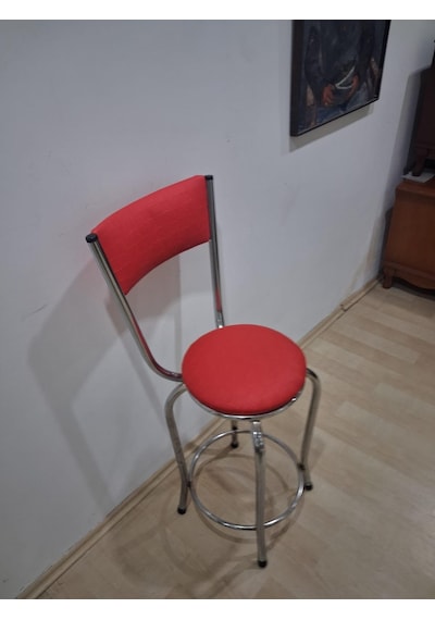 Sandalye Bar Tabure 90676 Model Kırmızı Suni Deri Döşem Metal Krom Kaplama 1 Adet