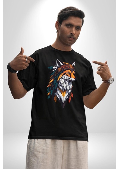 Kızılderili Tilki Pamuklu Bisiklet Yaka Unisex Oversize Boyfriend Dijital Baskılı Siyah T-shirt Siyah