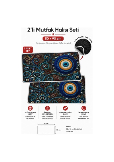 Valerine Life Mutfak Halısı Koruyucu Nazar Boncuğu Tezgah Önü Yolluk Paspası İkili Kilim Takımı Siyah