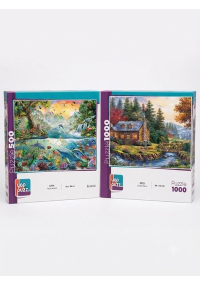 Tahta Köprü Ve Hayvanlar Alemi İkili Set - 1000 + 500 Parça İkili Puzzle Seti