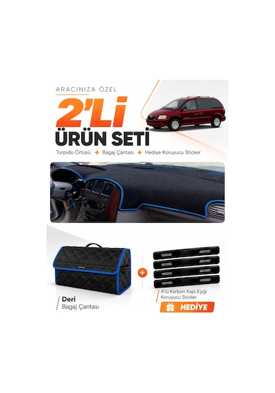 E-biz Chrysler Grand Voyager 2002-2006 Uyumlu Torpido Örtüsü + Deri Çanta - Siyah-mavi - Cr001