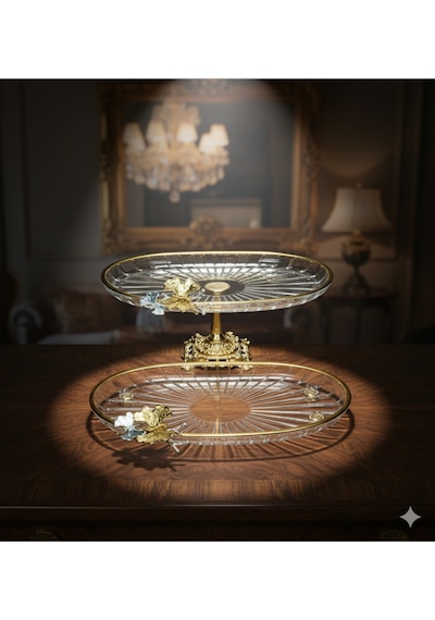 Çnr Home Collection Paşabahçe Kristal Metal Ayakli Gold Yaldizli Oval Düz Pasta Sunumluk Kurabiyelik 2 'li Gold
