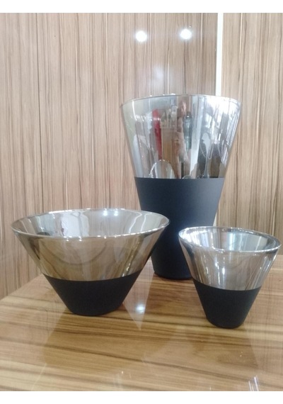 Titanyum Kaplama Görünümlü Cam Konik Vazo 2li Set Küçük Orta Platin
