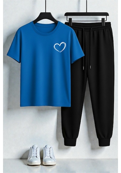 Uyguntarz Unisex Minimal Kalp Baskılı Tasarım Baskılı Tişört - 2'li Eşofman Takımı Saks Mavi