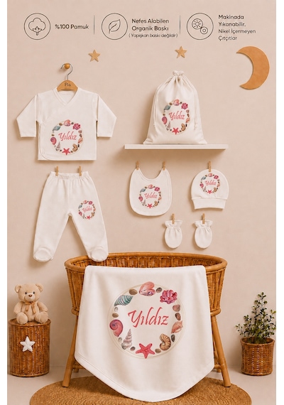 Pia Baby İsimli Kız Bebek %100 Pamuk Zıbın Set Yastık Kılıfı Battaniyeli Kıyafet Keseli 2098zybk0x Krem