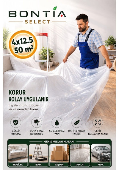 Koruyucu Örtü Naylonu 4x12,5 Metre 50 M² Şeffaf Boya Örtüsü Eşya Mobilya Zemin Toz Ve Boya Koruma Naylonu