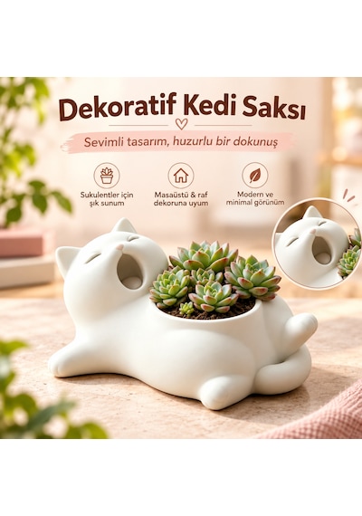 Dekoratif Kedi Saksı Sevimli Sukulent Ve Kaktüs Saksısı 111x138x55 Mm