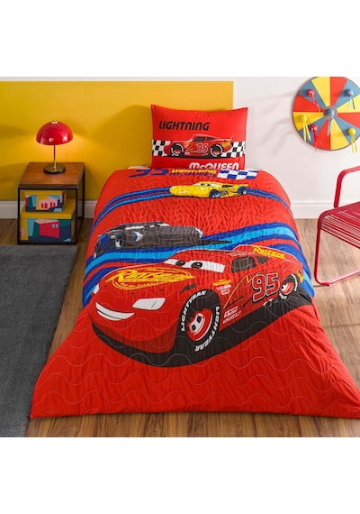 Disney Cars Race Track Standart Pamuk Nevresim Takımı, Kırmızı, Tek Kişilik Çok renkli