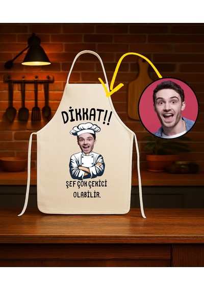 Kişiye Özel Karikatür Fotoğraflı Mutfak Önlüğü Dikkat Şef Çok Çekici Önlük Çok Renkli