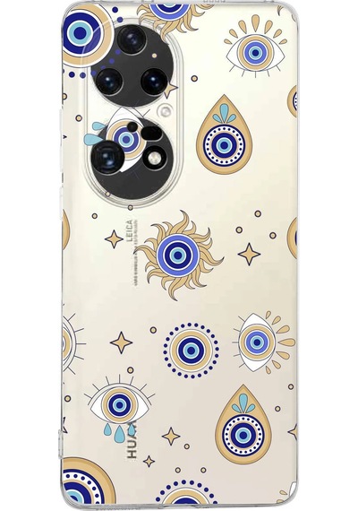 Huawei P50 Pro İle Uyumlu 1mm Slim Fit Nazar Boncuğu 5 Baskılı Şeffaf Kılıf Şeffaf
