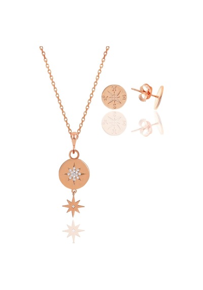 Gümüş Rose Zirkon Taşlı Kuzey Yıldızı Kolye Ve Küpe İkili Set