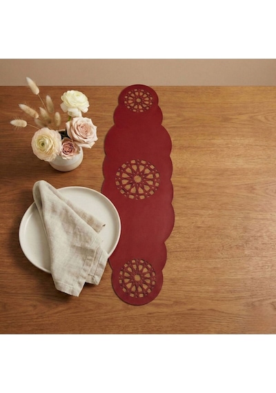 1 Adet Deri Runner-40x140 Cm-yıldız Desenli Runner Kırmızı