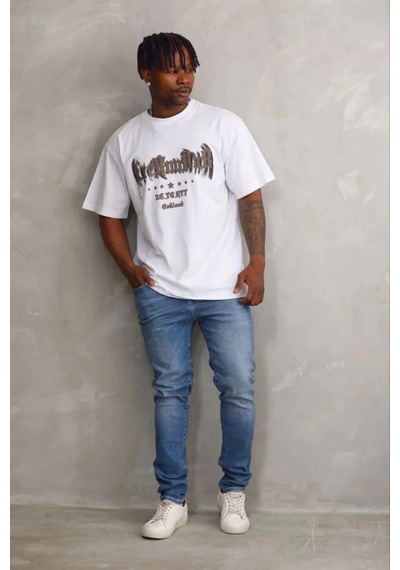 Erkek Baskılı T-shirt Kısa Kol Bisiklet Yaka Regular Fit Tişört - Beyaz Beyaz