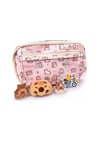 Capybara Desenli Çok Bölmeli Kalemlik - Peluş Bir Broş - 5 Stickers -2 Klips Hediye Pembe