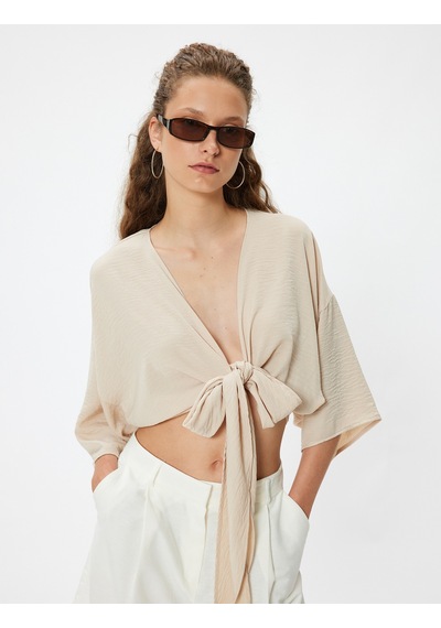 Koton Crop Üst V Yaka Bağlama Detaylı Oversize Kimono Kol Bej 4sal50001ıw Ekru