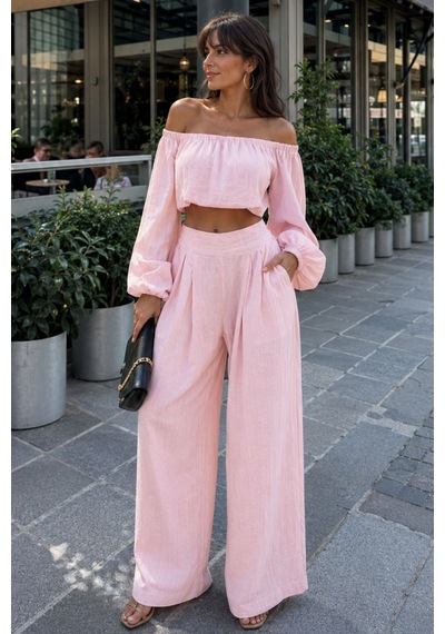Madmext Pembe Madonna Yaka Bluz Bol Paça Pantolon Kadın Takım Mg2863