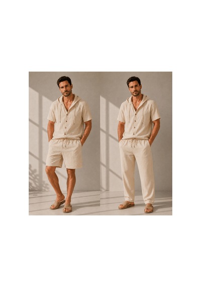 Erkek Müslin Kapşonlu 3'set Gömlek-şort-pantalon Bej