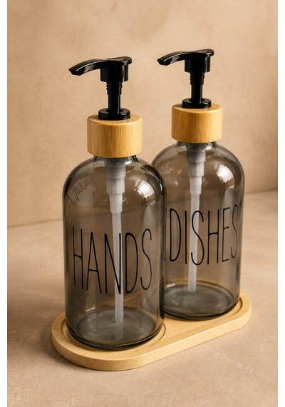 Relly Bambu Standlı İkili Cam Sabunluk Seti 2 X 500 Ml Hands & Dıshes Gri