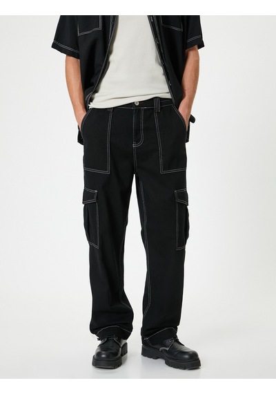 Koton Oversize Kargo Pantolon Renk Kontrastlı Bol Düz Paça Siyah 4sam40214nd Siyah