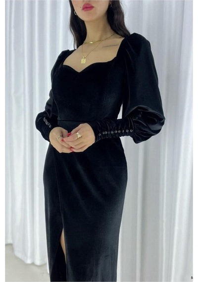 DefyModa Kadın Trend Model Kadife Kumaş Kare Yaka Yırtmaçlı Abiye Elbise Siyah