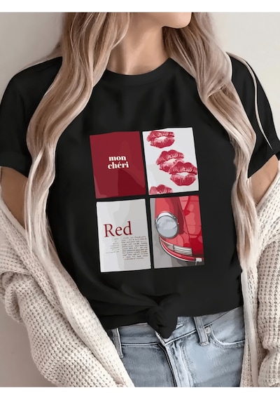 Uyguntarz Unisex Red Mon Cheri Baskılı Tasarım Tshirt Siyah