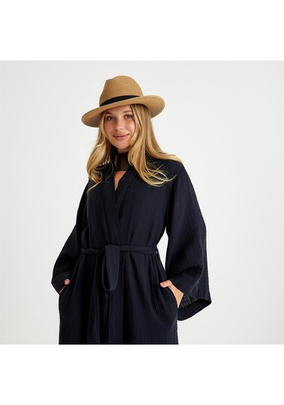 Miespiga Pamuklu Dokuma Beli Kuşaklı Maxi Kadın Kimono Kaftan - Large - Xlarge Siyah