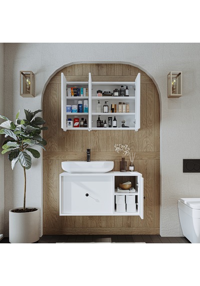 Oval Lavabolu Mat Mdf 90 Cm Alt Banyo Dolabı + Aynalı Dlp Beyaz Mat Beyaz