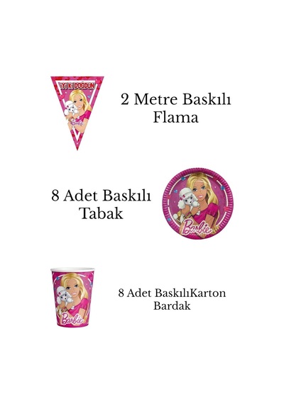 Barbi Konsepti 8 Li Bardak Tabak Flama Doğum Günü Parti Malzemeleri Renkli Tüm Yaşlar