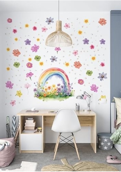 Gökkuşağı Ve Çiçek Desenli Duvar Sticker Mat Pvc, Kolay Uygulanan, Sökülebilir Dekoratif Duvar Çıkartması