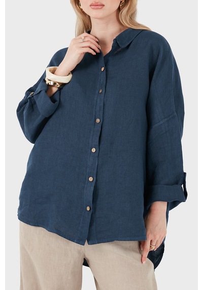 Via Dante % 100 Keten Oversize Yarı Transparan Gömlek Bayan Gömlek 7697 Lacivert