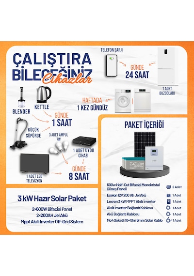 3 Kw Hazır Solar Paket 2x600w Bifacial Panel + 2x200ah Jel Akü + Mppt Akıllı Inverter Off-grid Güneş Enerji Sistemi
