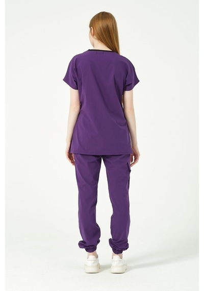 Mor Likralı Scrubs Kargo Cep Jogger Paça Doktor Hemşire Forması Yarasa Kol Takım Unisex