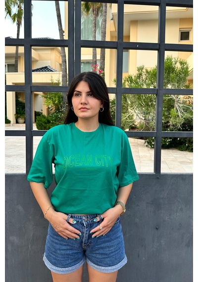 Yeşil Renk Ocean City Baskı Unisex Oversize T-shirt Yeşil