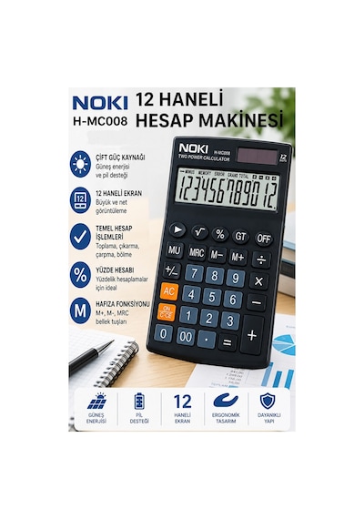 Hesap Makinesi Siyah 11x17 Cm 1 Adet Noki Mc008 12 Haneli Küçük Boy Masaüstü Hesap Makinası Kaliteli Ofis Büro